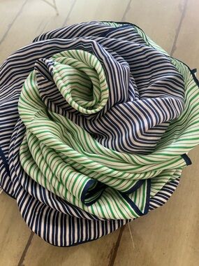 Navy and Green Striped Lightweight Scarf vintage Korean silk blend 33“ x 33“